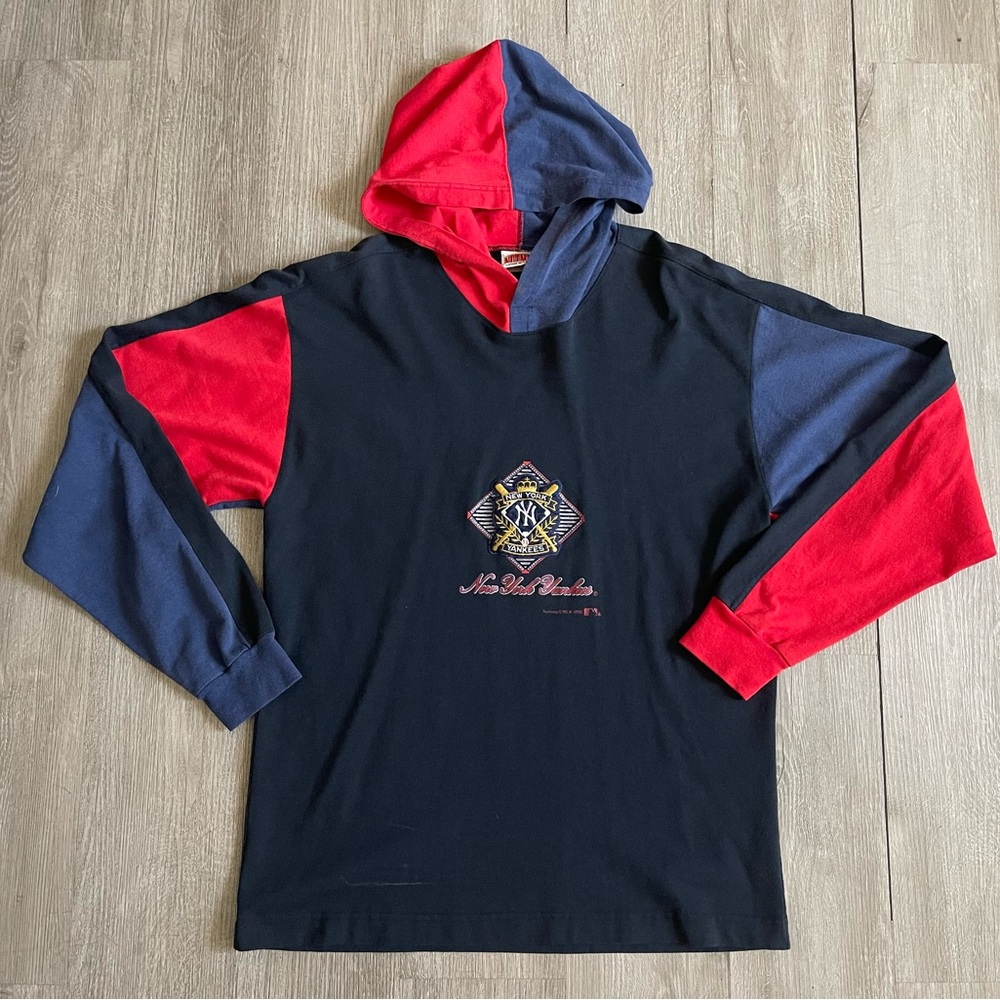 Vintage 1992 New York Yankees Long Sleeve Hooded Shirt Men’s Size Medium Nutmeg